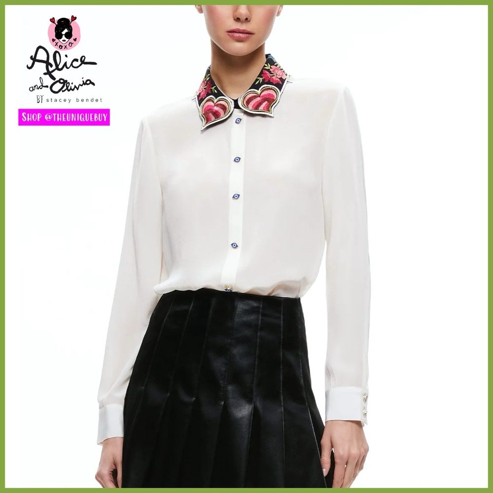 Alice + Olivia Willa Embroidered Collar Placket Button Down Top